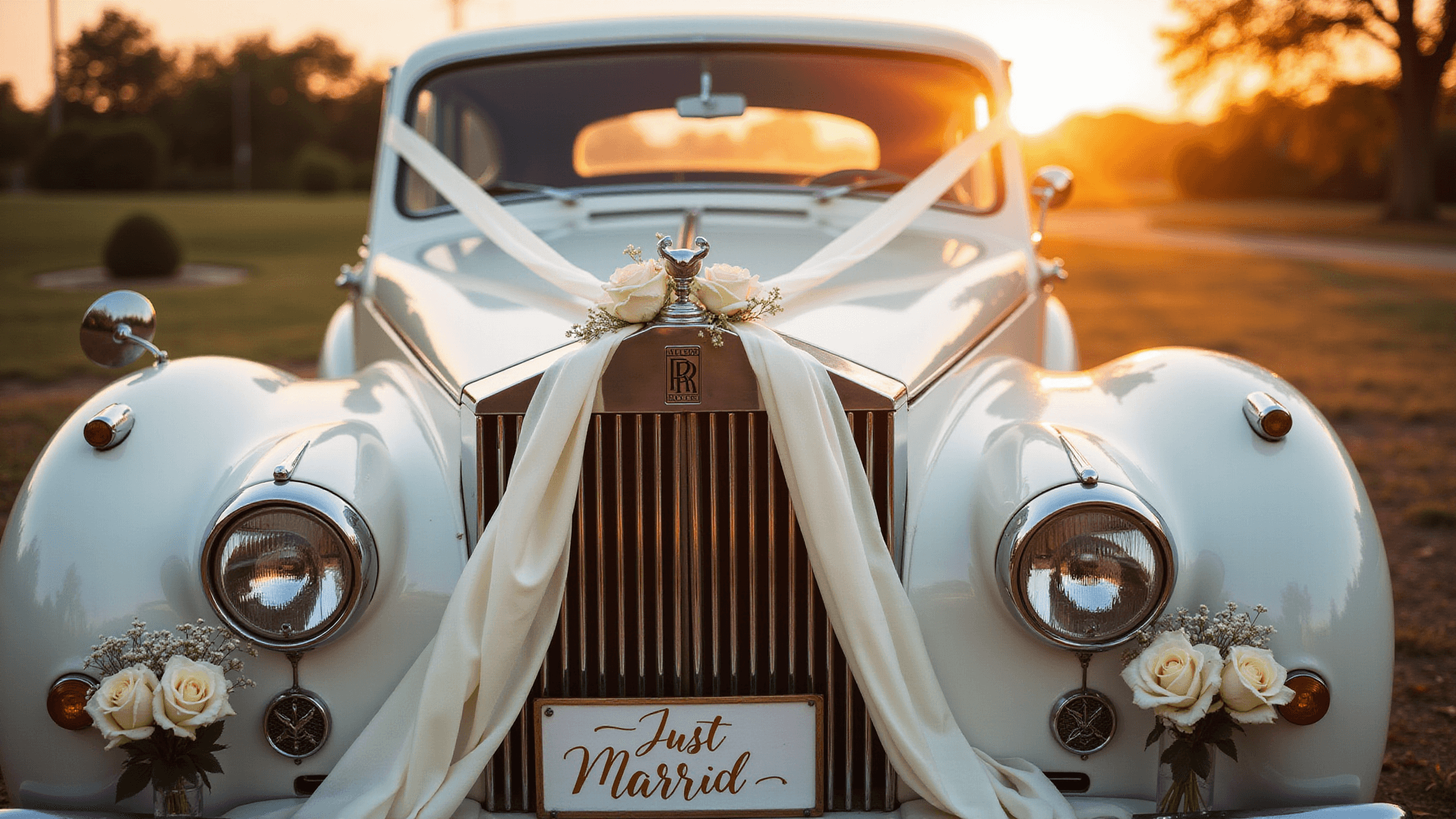 A vintage white Rolls Royce adorned with ivory silk ribbons and a gold "Just Married" sign, set against a golden sunset with soft bokeh and lush floral arrangements.