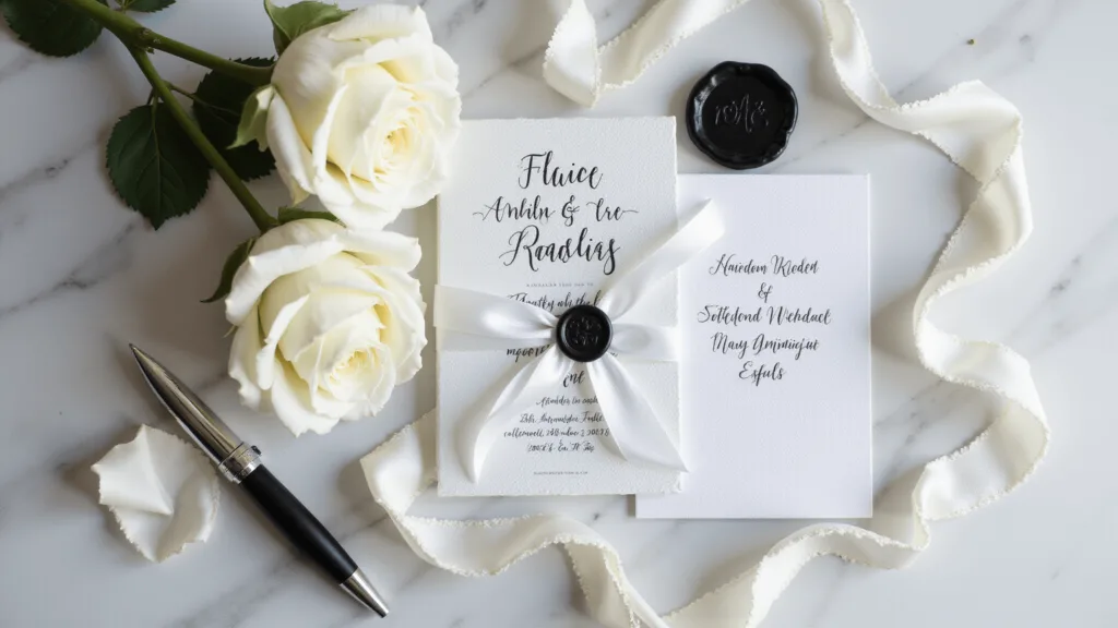 Black and White Wedding Invitations: The Ultimate Guide to Timeless Elegance An elegant black and white wedding invitation suite flatlay on white marble with a vellum overlay, silk ribbon, silver dip pen, white rose petals, and a matte black wax seal; featuring soft, cinematic lighting.