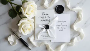 Black and White Wedding Invitations: The Ultimate Guide to Timeless Elegance An elegant black and white wedding invitation suite flatlay on white marble with a vellum overlay, silk ribbon, silver dip pen, white rose petals, and a matte black wax seal; featuring soft, cinematic lighting.