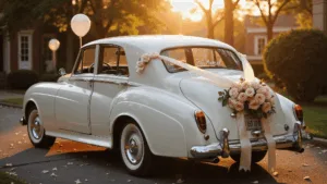 Wedding Car Decorations: The Ultimate Guide to Creating Unforgettable Send-Off Moments A vintage white Rolls Royce decorated with ivory silk ribbons and blush garden roses, photographed during golden hour with a low perspective, showcasing dramatic lighting and a romantic garden setting in soft focus.