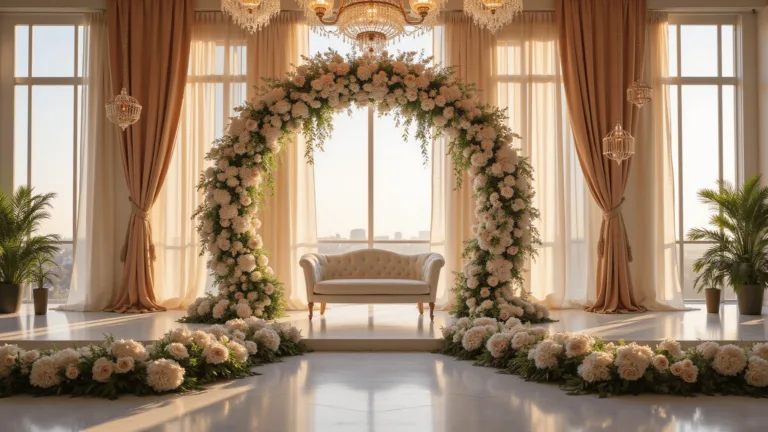 Wedding Stage Decorations: Your Ultimate Guide to Creating a Magical Ceremony Backdrop A grand wedding stage at golden hour featuring a 15-foot floral arch of white orchids, blush roses, and ivy, with an ivory velvet loveseat, champagne silk drapes, and geometric rose gold installations, all illuminated by crystal chandeliers and filtered sunlight.