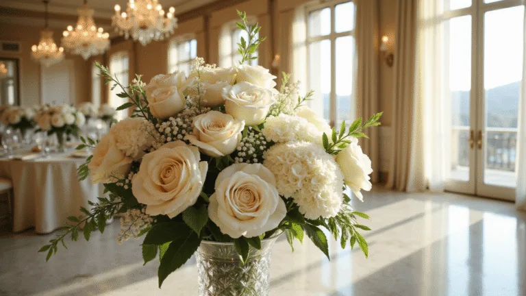 White Wedding Flowers: A Complete Guide to Timeless Elegance Photorealistic close-up of an opulent white floral arrangement in a crystal vase, featuring garden roses, peonies, hydrangeas, and calla lilies, with soft natural light highlighting the petals against a grand ballroom backdrop during golden hour.
