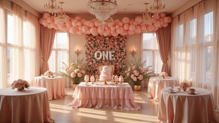 Ultimate Guide: Baby Girl Birthday Party Decorations That Wow! A wide-angle view of an enchanting ballroom set for a baby's first birthday, featuring natural light, pink and rose gold balloon decor, a tiered ruffle cake, tulle drapes, fairy lights, silk linens, fresh rose centerpieces, a golden throne, and iridescent bubbles, all in warm golden hour lighting.