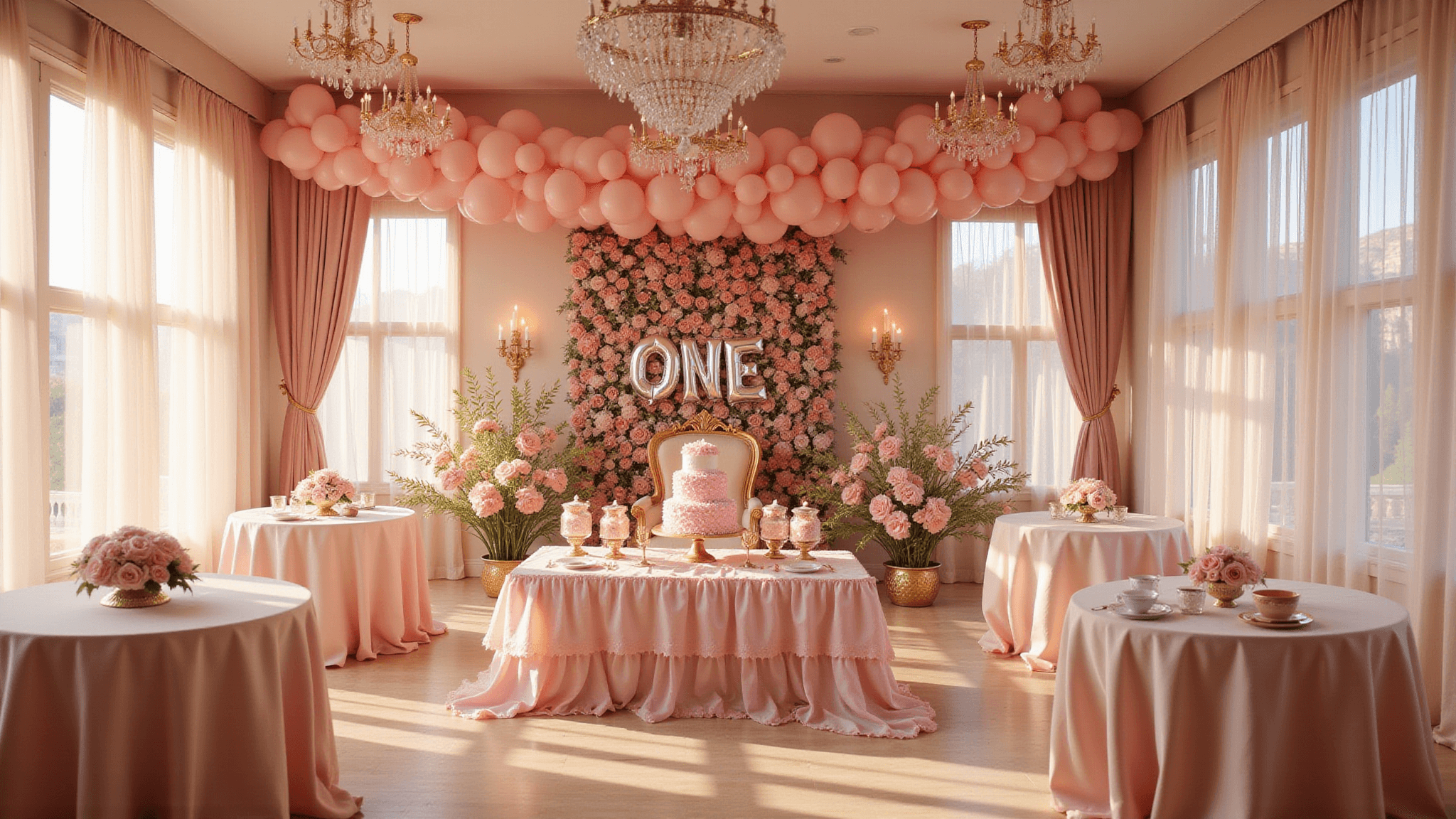 A wide-angle view of an enchanting ballroom set for a baby's first birthday, featuring natural light, pink and rose gold balloon decor, a tiered ruffle cake, tulle drapes, fairy lights, silk linens, fresh rose centerpieces, a golden throne, and iridescent bubbles, all in warm golden hour lighting.