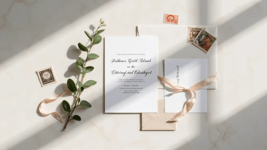 Simple Wedding Invitations: The Ultimate Guide to Effortless Elegance Photorealistic flat lay of a minimalist wedding invitation suite on a creamy white marble surface, featuring a white invitation with black serif typography, a matching RSVP card, a gold wax seal with ribbon, a fresh eucalyptus sprig, and vintage postage stamps, captured in soft morning light with warm cinematic color grading and shallow depth of field.