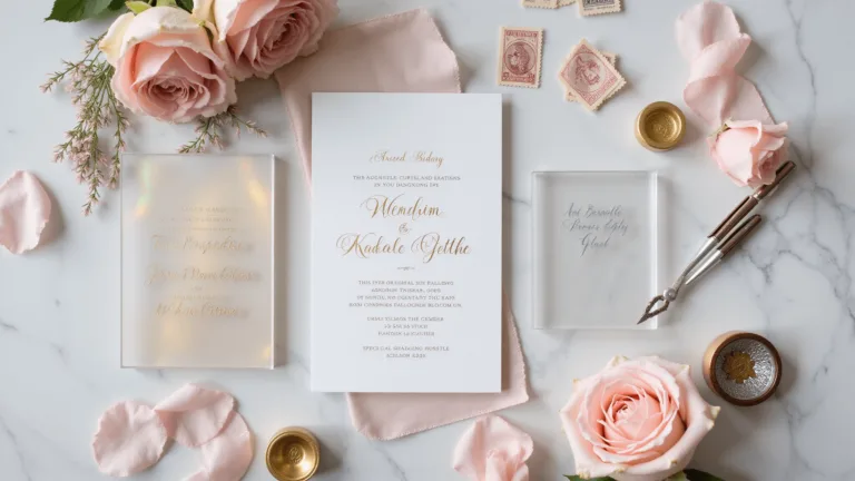 Quirky Wedding Invitations: Unleash Your Creativity and Personality Ultra-detailed flatlay of modern acrylic wedding invitations on white marble, featuring gold and silver metallic etching, blush pink rose petals, vintage stamps, calligraphy tools, and prismatic light effects.