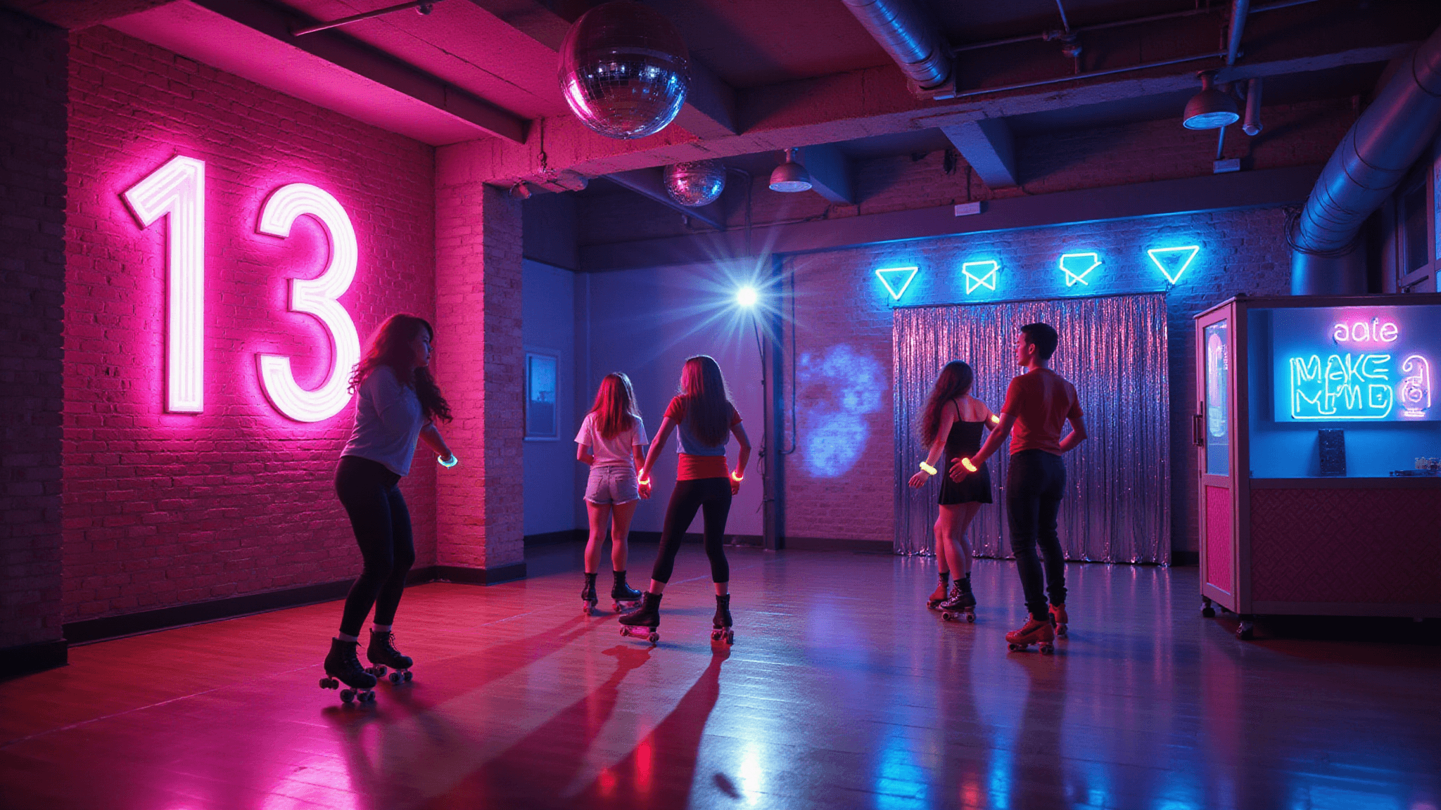A vibrant indoor roller disco party featuring teens skating under UV blacklights, with a glowing hot pink "13" sign, disco balls casting light patterns, and skaters wearing glow stick jewelry, all captured in a dynamic, retro-modern atmosphere.