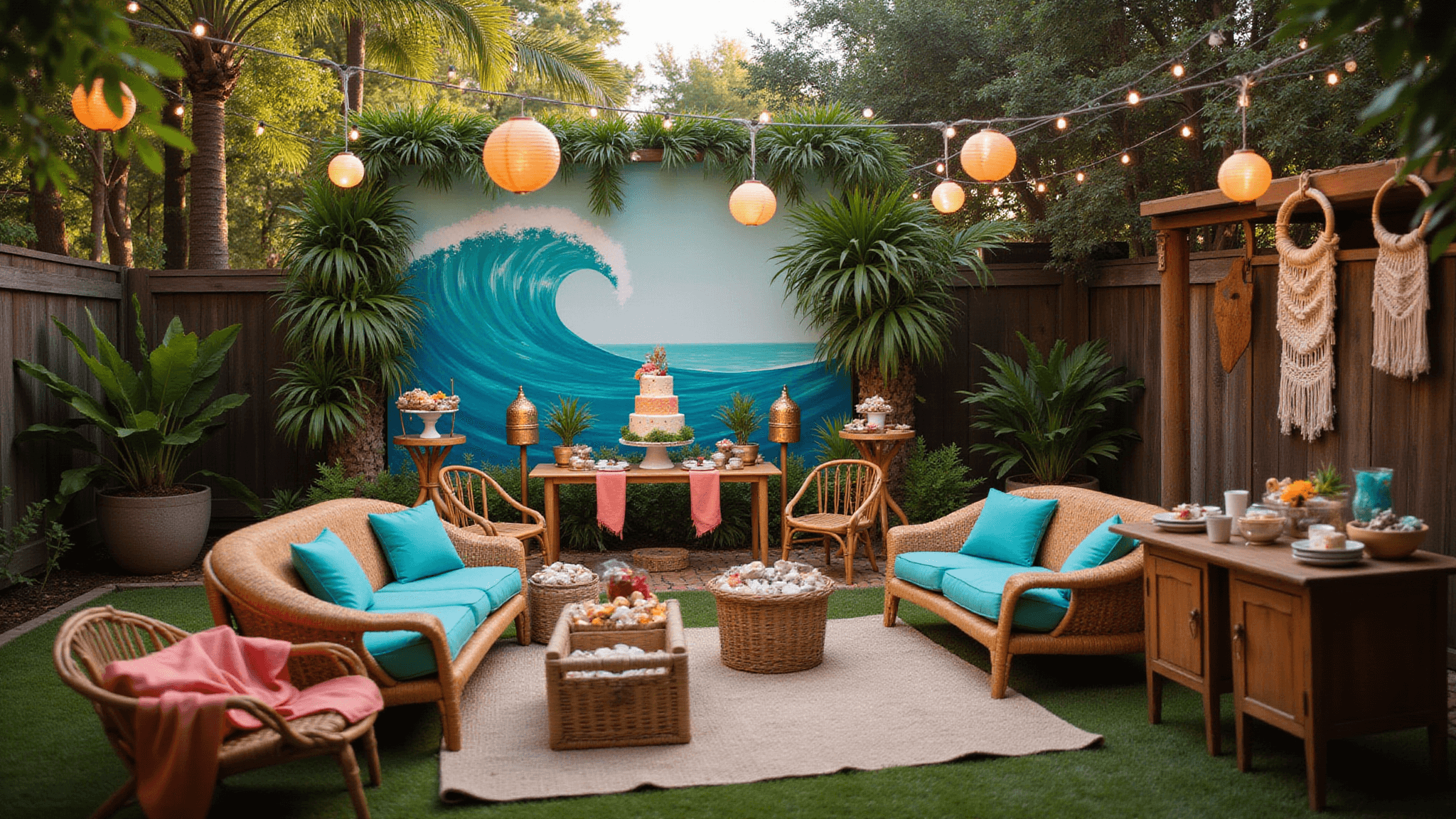 A lush Polynesian-themed backyard party at golden hour, featuring a vibrant ocean wave mural, a Moana-themed cake on a dessert table, tiki torches, floating lanterns, and tropical decor with cushions and bamboo settings, all illuminated by warm lighting.