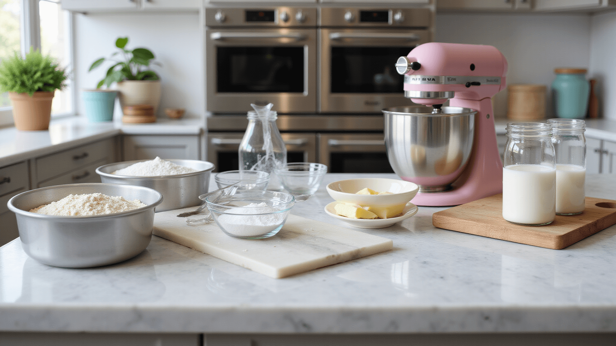 A beautifully organized professional bakery kitchen with natural sunlight, featuring a marble countertop with baking ingredients like cake pans, flour, eggs, sugar, butter, a pastel pink KitchenAid mixer, and various measuring tools, creating an inspiring atmosphere.