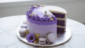 Purple Birthday Cake: Magical Lavender Layers of Delight A stunning two-tier purple ombre cake with gold accents, featuring a smooth buttercream finish, delicate piped rosettes, fresh lavender sprigs, and macarons on a silver cake stand against a white marble background, illuminated by natural light.