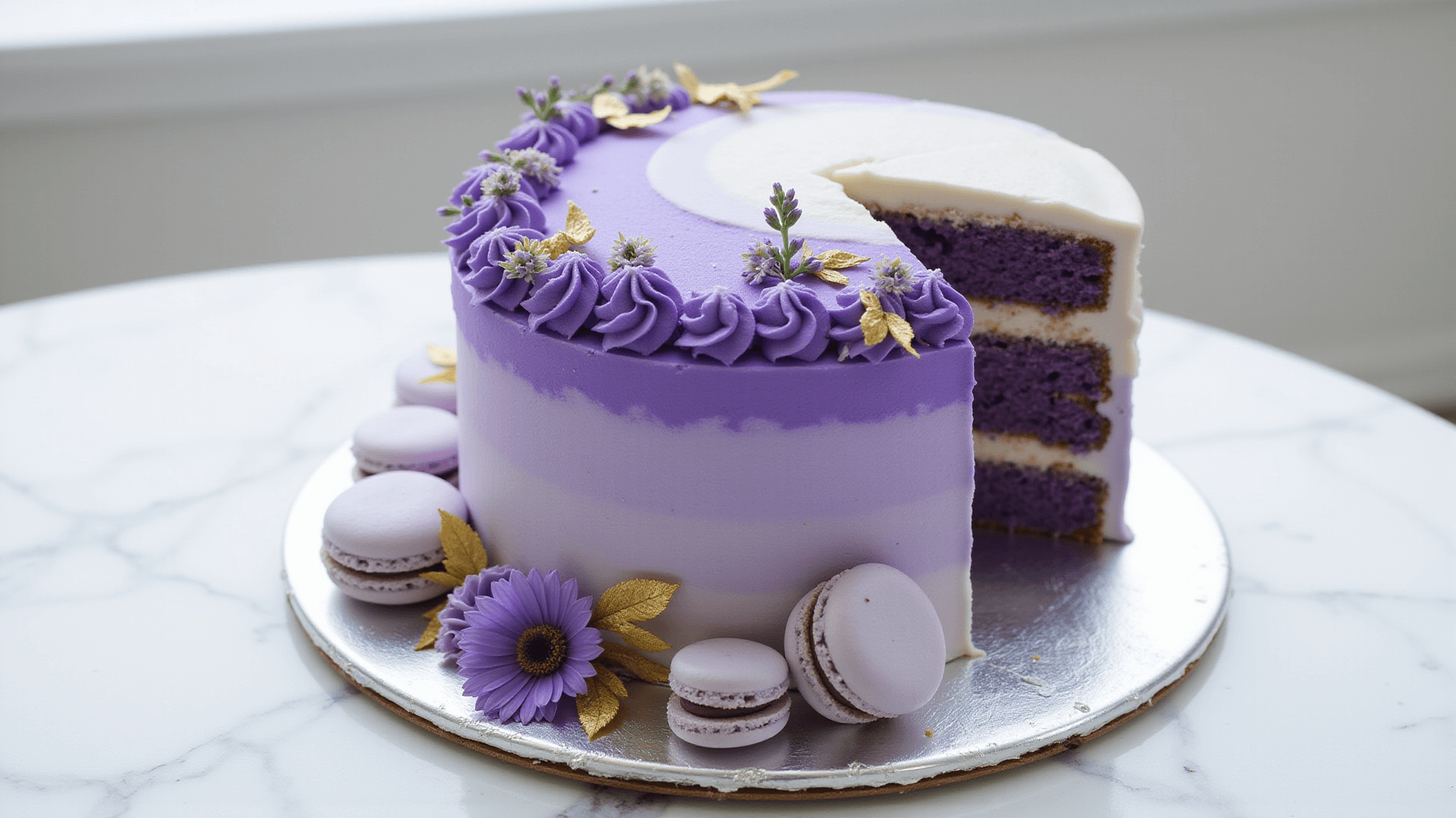 A stunning two-tier purple ombre cake with gold accents, featuring a smooth buttercream finish, delicate piped rosettes, fresh lavender sprigs, and macarons on a silver cake stand against a white marble background, illuminated by natural light.