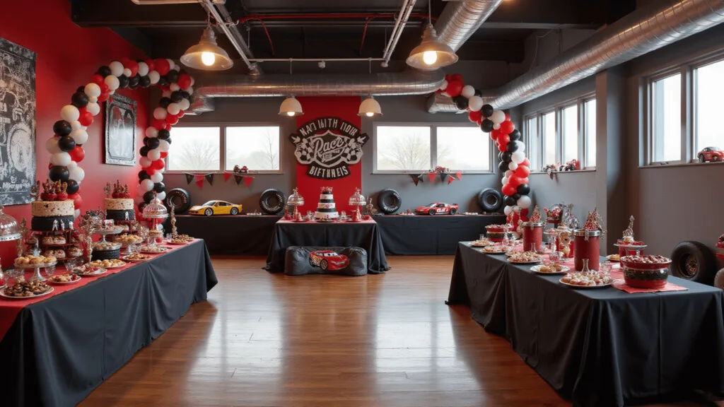Ultimate Race Car Birthday Party Planning Guide: Rev Up the Celebration! Wide-angle shot of a racing-themed indoor party space with daylight highlighting a checkered flag balloon arch. The red, black, and white color scheme is accented with metallic silver. Foreground features a dessert table with tire-shaped donuts and race car cake. Mid-ground has activity stations with remote-controlled cars and crafts, and the background displays a "Start Your Engines" banner. Inflatable tires and mason jar centerpieces with racing flags decorate tables, enhanced by dramatic professional lighting.