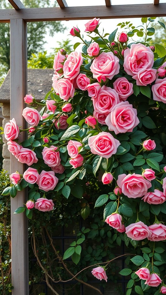 50 Stunning Flower Phone Wallpapers to Brighten Your Screen A cluster of bright pink climbing roses on a trellis with green leaves