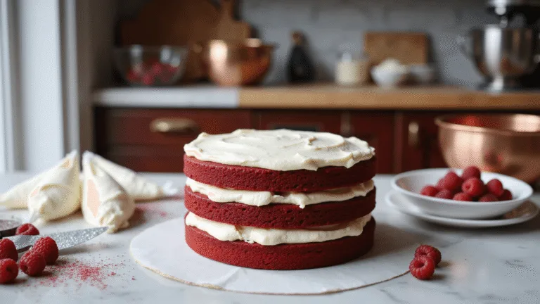 Red Velvet White Chocolate Dream Cake A three-layered red velvet cake being decorated with white chocolate buttercream on a marble countertop, surrounded by baking tools and fresh raspberries, in soft natural light.