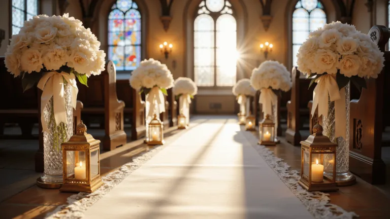 Ultimate Wedding Aisle Decoration Guide: Transform Your Ceremony Space A sunlit church aisle with crystal vases of hydrangeas, roses, orchids, and brass lanterns, with a satin runner and stained glass light.