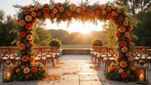 Orange Wedding Flowers: Your Ultimate Guide to Vibrant Nuptial Blooms Photorealistic wide shot of a romantic garden wedding ceremony at golden hour, featuring a dramatic floral arch with copper-toned and peach roses, natural wood chairs, flickering lanterns, and orange petal accents, all enhanced by ethereal sunlight and soft bokeh effects.