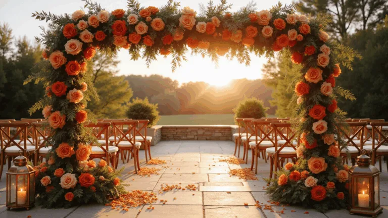 Orange Wedding Flowers: Your Ultimate Guide to Vibrant Nuptial Blooms Photorealistic wide shot of a romantic garden wedding ceremony at golden hour, featuring a dramatic floral arch with copper-toned and peach roses, natural wood chairs, flickering lanterns, and orange petal accents, all enhanced by ethereal sunlight and soft bokeh effects.