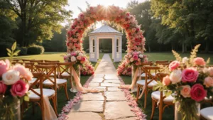 Vibrant Wedding Flowers: Your Ultimate Guide to Colorful Celebration Blooms Cinematic wide-angle shot of a garden wedding ceremony at golden hour with a floral arch of pink to coral roses and peonies, vintage chairs, and a flower-draped gazebo in warm sunlight, captured in 8K with shallow depth of field.