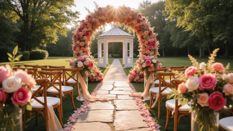 Vibrant Wedding Flowers: Your Ultimate Guide to Colorful Celebration Blooms Cinematic wide-angle shot of a garden wedding ceremony at golden hour with a floral arch of pink to coral roses and peonies, vintage chairs, and a flower-draped gazebo in warm sunlight, captured in 8K with shallow depth of field.