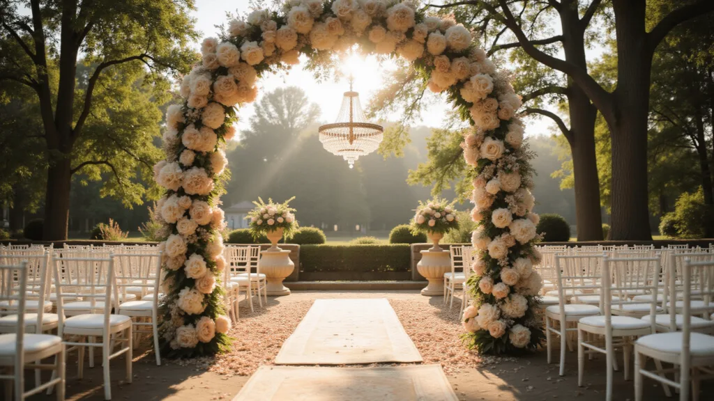 Your Ultimate Guide to Wedding Flowers: Creating Magical Moments in Bloom A cinematic photograph of a romantic garden wedding ceremony at golden hour, featuring a white floral arch with peonies, roses, and orchids in soft tones, crystal chandeliers hanging from trees, and a rose petal-lined aisle with Persian rugs. Rows of elegant white chairs are illuminated by natural sunlight filtered through trees, creating a dreamy atmosphere with lens flare effects.
