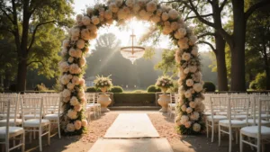 Your Ultimate Guide to Wedding Flowers: Creating Magical Moments in Bloom A cinematic photograph of a romantic garden wedding ceremony at golden hour, featuring a white floral arch with peonies, roses, and orchids in soft tones, crystal chandeliers hanging from trees, and a rose petal-lined aisle with Persian rugs. Rows of elegant white chairs are illuminated by natural sunlight filtered through trees, creating a dreamy atmosphere with lens flare effects.