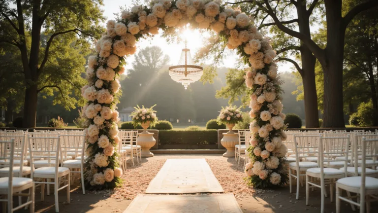 Your Ultimate Guide to Wedding Flowers: Creating Magical Moments in Bloom A cinematic photograph of a romantic garden wedding ceremony at golden hour, featuring a white floral arch with peonies, roses, and orchids in soft tones, crystal chandeliers hanging from trees, and a rose petal-lined aisle with Persian rugs. Rows of elegant white chairs are illuminated by natural sunlight filtered through trees, creating a dreamy atmosphere with lens flare effects.