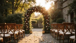 September Wedding Flowers: A Stunning Seasonal Guide Cinematic wide-angle photograph of a romantic garden wedding ceremony at golden hour, featuring an 8-foot floral arch of burgundy dahlias and blush roses, antique chairs, and bistro lights overhead, creating a dreamy atmosphere.
