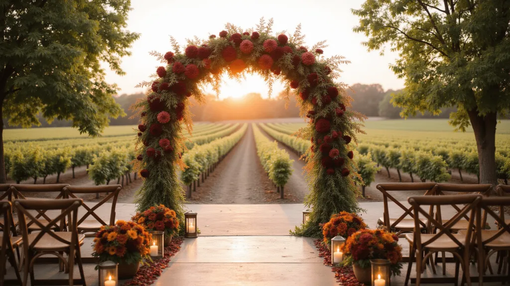 Autumn Wedding Flowers: A Stunning Seasonal Guide to Floral Perfection A cinematic golden-hour vineyard wedding with an 8-foot floral arch of burgundy dahlias, chocolate cosmos, and plum roses against a sunset, surrounded by cross-back chairs with autumn bouquets and brass lanterns.