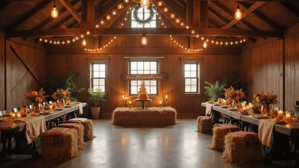 A Magical Fall-Themed First Birthday Party: Your Ultimate Planning Guide Rustic barn interior decorated for a first birthday, featuring ombré cake with pumpkins, autumn-themed farmhouse tables, hay bale seating, fairy lights, and "Our Little Pumpkin is One" sign.