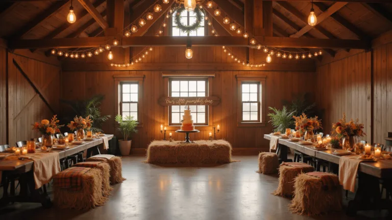 A Magical Fall-Themed First Birthday Party: Your Ultimate Planning Guide Rustic barn interior decorated for a first birthday, featuring ombré cake with pumpkins, autumn-themed farmhouse tables, hay bale seating, fairy lights, and "Our Little Pumpkin is One" sign.