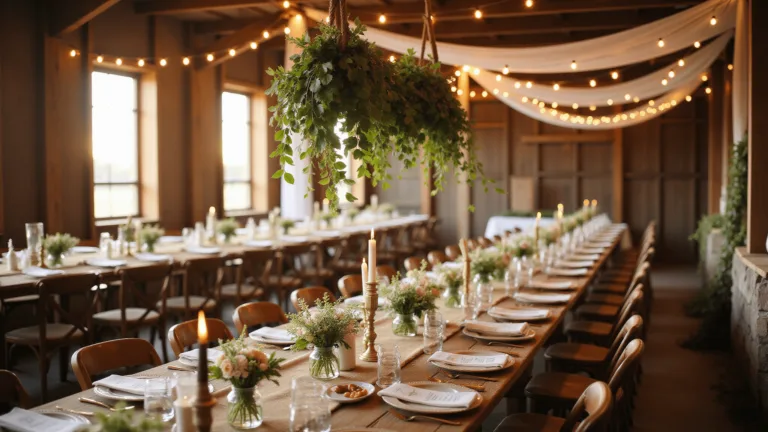 DIY Wedding Decorations: Your Ultimate Guide to Stunning Budget-Friendly Decor A rustic barn wedding reception at sunset with wooden beams, chiffon fabric, twinkle lights, farmhouse tables, mason jar centerpieces, vintage china, and golden sunlight streaming through windows.