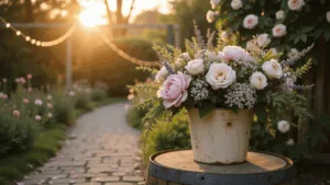 Hand Bucket Wedding Flowers: Your Ultimate Guide to Stunning Bridal Bouquets A weathered cream metal bucket overflowing with wildflowers and garden roses on a vintage wooden barrel, with warm sunlight filtering through climbing roses, casting shadows on a stone pathway scattered with rose petals.