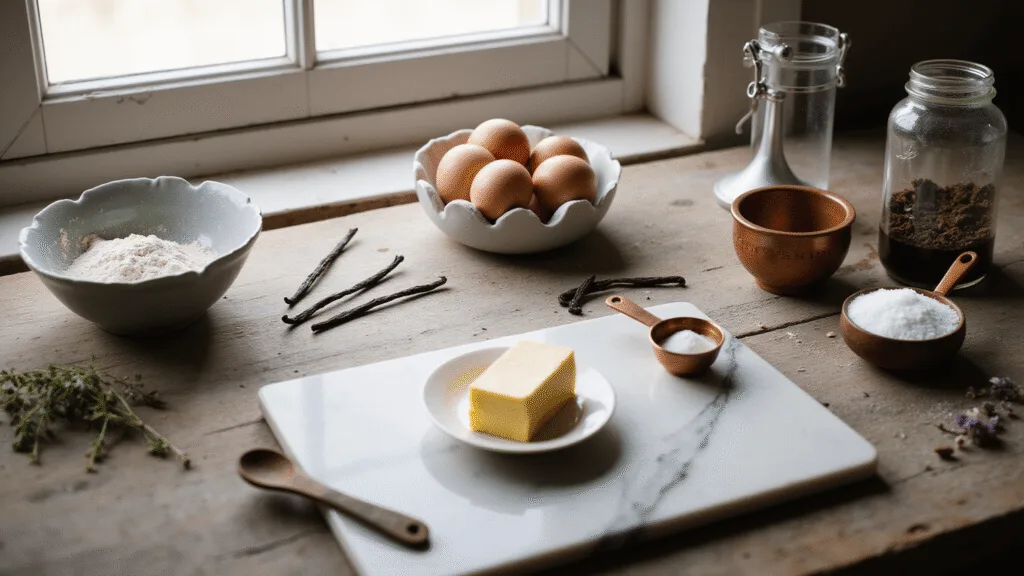 RUSTIC WEDDING CAKE: A NATURAL ELEGANCE FOR YOUR SPECIAL DAY A rustic wedding cake preparation scene featuring natural ingredients arranged on a weathered wooden table, with sunlight casting soft shadows on flour, farm-fresh eggs, golden butter, and crystalline sugar, complemented by vintage kitchenware and seasonal wildflowers.