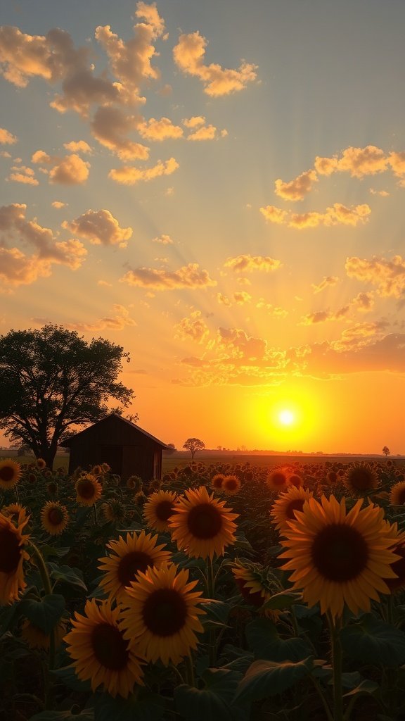 50 Stunning Flower Phone Wallpapers to Brighten Your Screen A rustic scene of a sunflower field at sunset with a barn