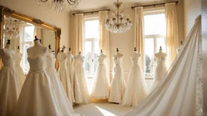 The Ultimate Guide to Silk Wedding Dresses: Everything You Need to Know About This Timeless Choice A luxurious bridal boutique interior showcasing silk wedding dresses on elegant mannequins, illuminated by warm sunlight. The space features vintage chandeliers, ornate mirrors, and cream-colored walls, with a focus on the intricate fabric draping and pearl embellishments of the dresses.