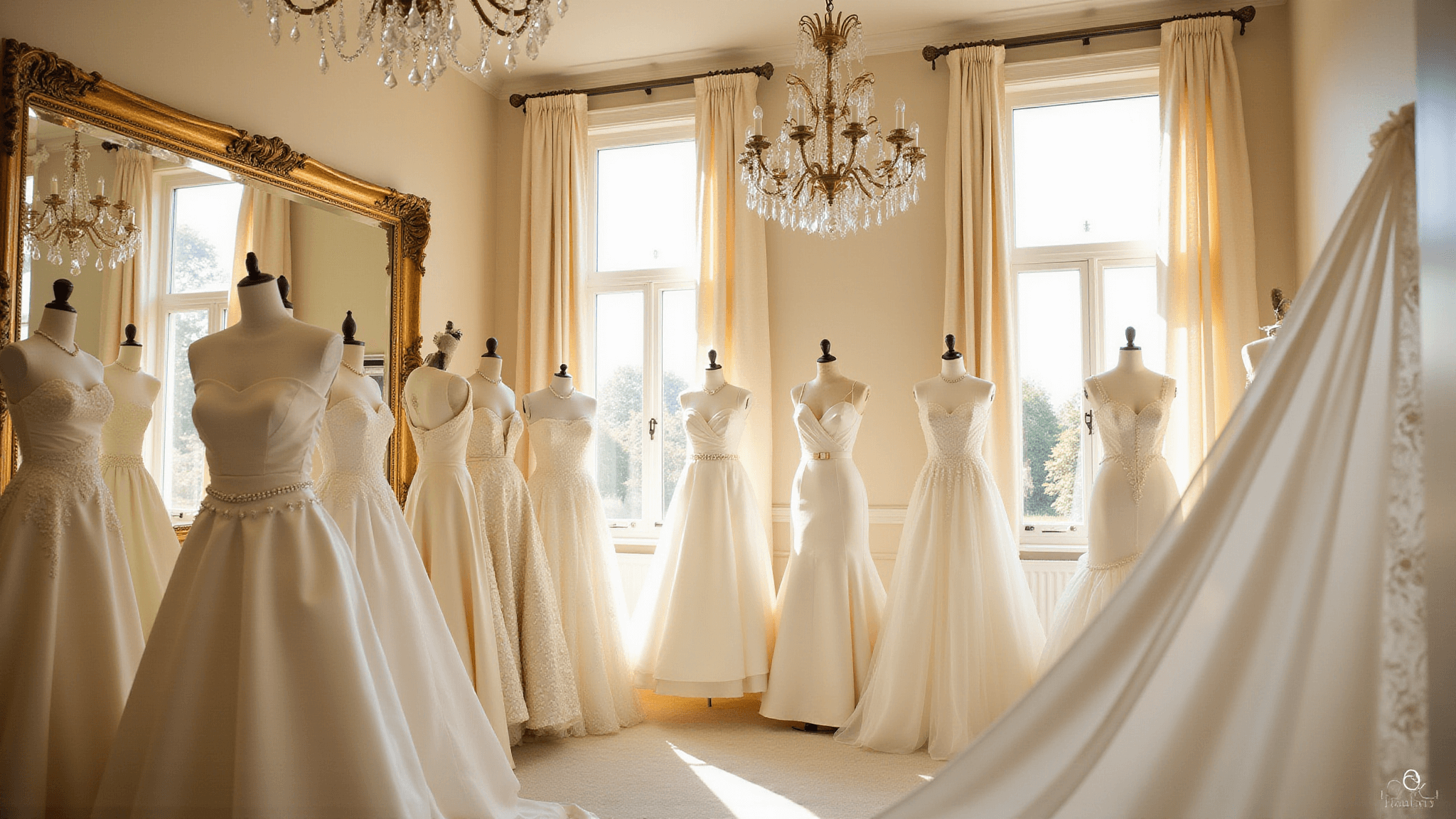 A luxurious bridal boutique interior showcasing silk wedding dresses on elegant mannequins, illuminated by warm sunlight. The space features vintage chandeliers, ornate mirrors, and cream-colored walls, with a focus on the intricate fabric draping and pearl embellishments of the dresses.