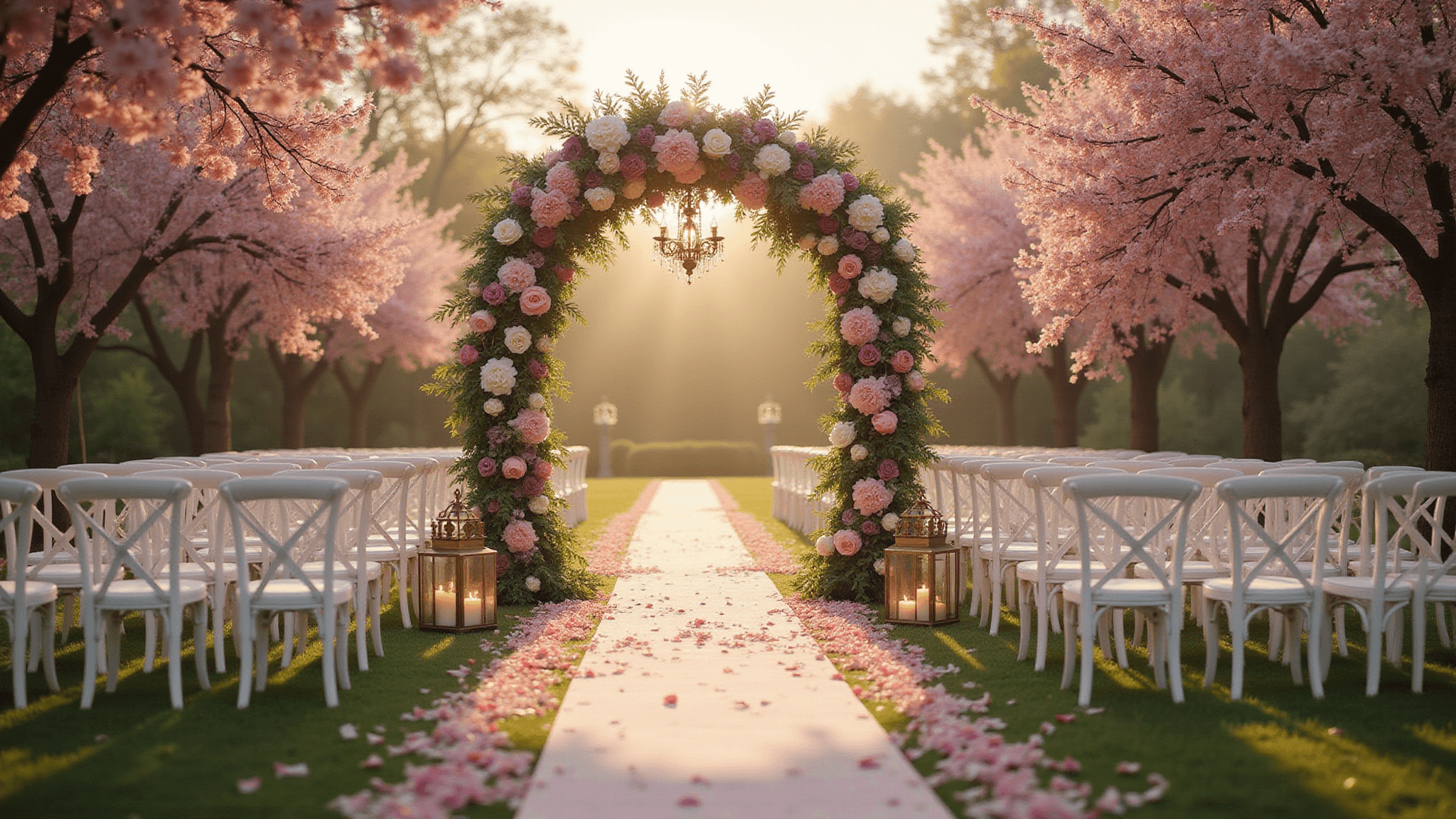 A cinematic wide shot of a luxurious garden wedding ceremony at golden hour, featuring an ultra-detailed floral arch with pink peonies, white ranunculus, and purple anemones, surrounded by greenery and silk ribbons. Crystal chandeliers hang from cherry blossom trees above rows of white crossback chairs on a manicured lawn. Soft sunlight creates an ethereal atmosphere with a bokeh effect and warm golden tones. Vintage brass lanterns line the aisle, with hyperrealistic details in flower petals, fabrics, and a soft lens flare.
