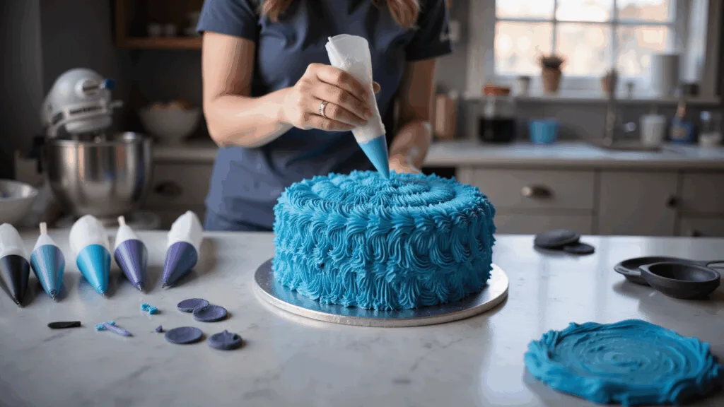 Stitch Birthday Cake: The Ultimate Disney-Inspired Celebration Dessert A vibrant blue Stitch-themed cake being decorated in a professional kitchen, with expert hands piping buttercream fur details on a silver turntable, surrounded by organized piping bags and fondant tools, illuminated by natural morning light.