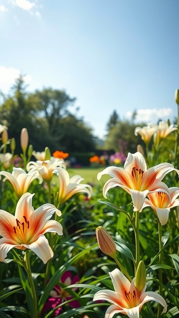 50 Stunning Flower Phone Wallpapers to Brighten Your Screen A sunny garden filled with blooming lilies, showcasing white and orange petals under a clear blue sky.