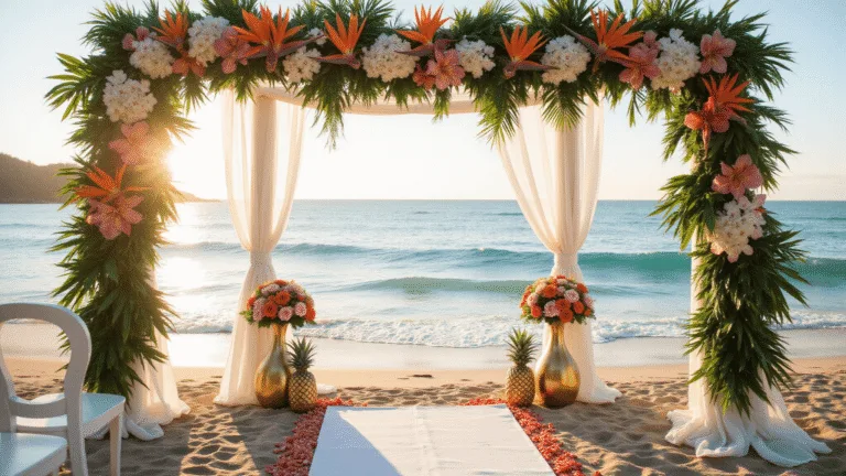 Tropical Wedding Flowers: Your Ultimate Guide to Stunning Floral Designs Luxurious beachfront wedding ceremony at golden hour featuring a vibrant floral arch with Birds of Paradise, Phalaenopsis orchids, and Mokara orchids, lined with ghost chairs and adorned with coral and blush petals.