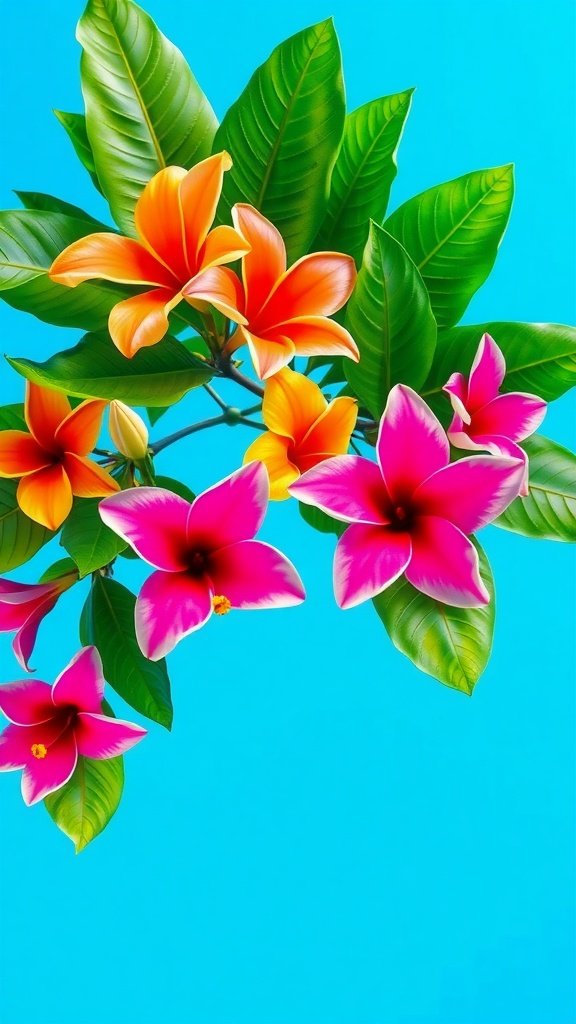 50 Stunning Flower Phone Wallpapers to Brighten Your Screen Colorful tropical flowers with green leaves on a blue background