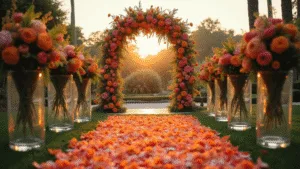 The Ultimate Guide to Vibrant Wedding Flowers: Creating Unforgettable Floral Magic A romantic garden wedding ceremony setup featuring a vibrant floral arch with peonies, ranunculus, and marigolds, illuminated by golden hour light, with crystal vases and ombré petals lining the aisle, captured in rich color saturation and cinematic composition.