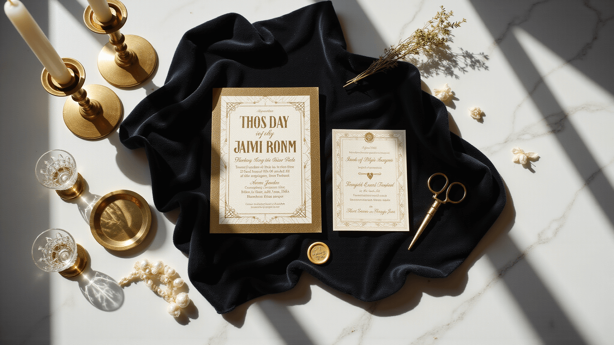 Art Deco wedding invitation flatlay with geometric gold patterns on cream paper, surrounded by vintage brass candlesticks, crystal champagne coupes, pearls, gold scissors, and dried botanicals. Set on black velvet with white marble accents. Dramatic lighting highlights metallic elements and wax seal.