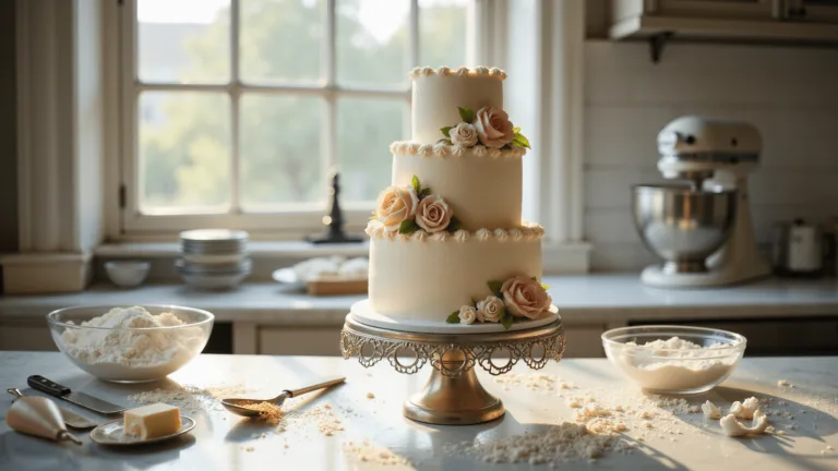 Vintage Wedding Cake: A Timeless Celebration Of Elegance A vintage-themed professional kitchen with a three-tiered white wedding cake in progress on a silver antique cake stand, illuminated by soft natural light from large windows. Ingredients are artfully arranged on a marble countertop, including a cream-colored stand mixer, glass bowls of flour, butter, and sugar. The cake features intricate Lambeth piping, sugar flowers, edible pearls, and gold leaf accents, with vintage baking tools nearby. The scene is captured with a cinematic, soft vintage palette.