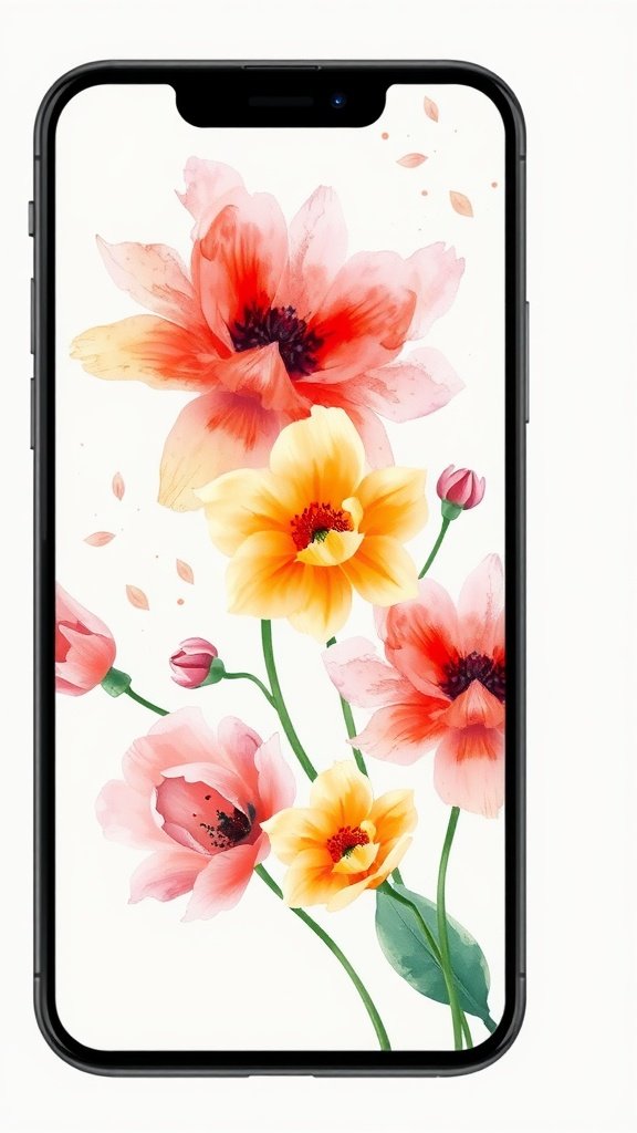 50 Stunning Flower Phone Wallpapers to Brighten Your Screen A phone displaying a watercolor floral wallpaper featuring pink, yellow, and red flowers.