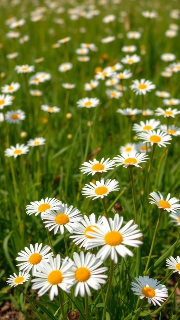 50 Stunning Flower Phone Wallpapers to Brighten Your Screen A field of daisies with white petals and yellow centers in a green meadow.