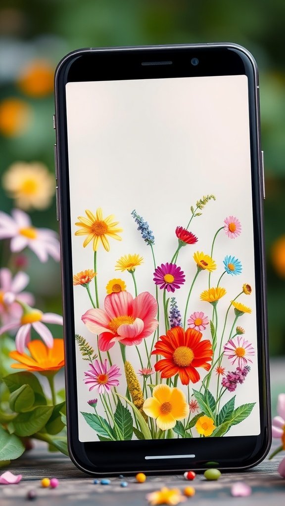 50 Stunning Flower Phone Wallpapers to Brighten Your Screen A smartphone displaying a colorful flower wallpaper with various whimsical flowers arranged beautifully.