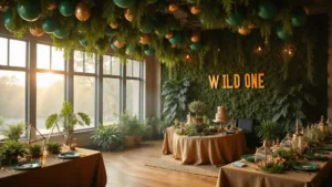 The Ultimate Guide to Throwing a Spectacular "Wild One" First Birthday Party A luxurious ballroom transformed into a jungle-themed birthday party with dramatic green and gold balloon garlands, a safari-themed cake, brass terrariums, explorer artifacts, and warm ambient lighting, creating an enchanting atmosphere.