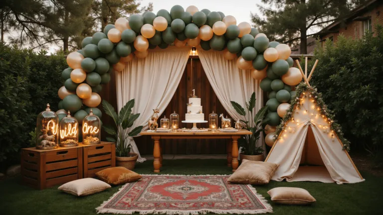 The Ultimate Wild One Birthday Party Guide: Turning One Year Old in Style! A safari-themed first birthday party in a luxurious backyard setting at golden hour, featuring a balloon arch, dessert table with a naked cake, vintage decor with safari animal figurines, fairy lights, and tropical foliage, with intimate seating on Persian rugs and cushions, teepee with warm lighting, and modern signage.