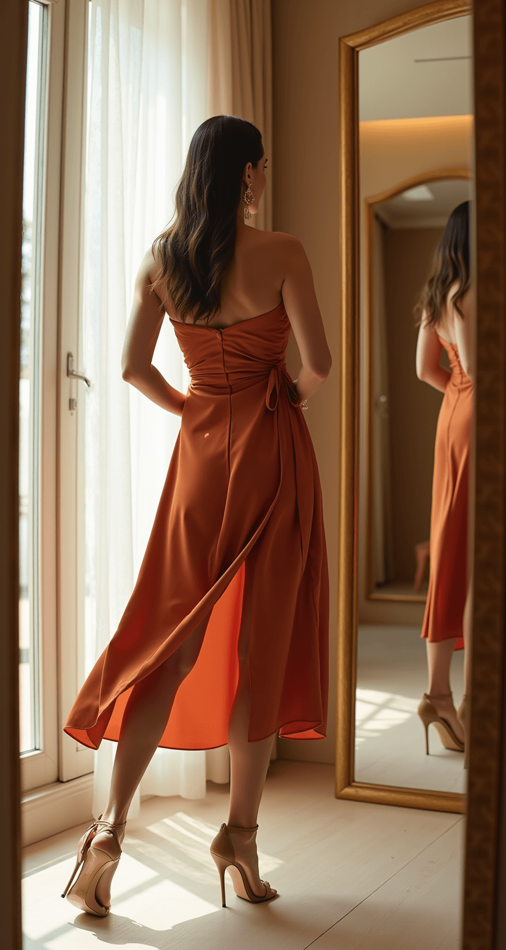 September Wedding Guest Dress: Your Ultimate Style Guide for Early Fall A sophisticated woman in a rust-colored satin wrap dress tries it on in a bright boutique dressing room with floor-to-ceiling mirrors and warm lighting, styled with gold drop earrings and nude strappy heels.